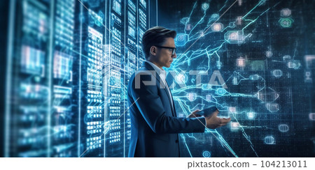 Man project office manager, working at evening in crystals lights office. Generative AI 104213011