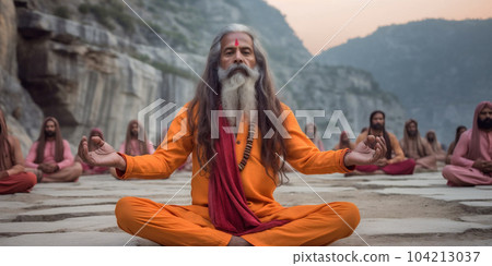 India Rishikesh, outside near Gange river, a man siddha yoga teacher with long hair, sitting in meditation asana. AI Generative 104213037