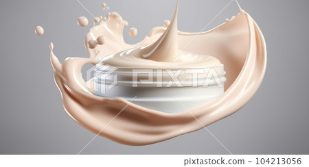 Water brightening moisturizer cream in cosmetic box floating in the air. Beauty lotion fluttering explosion in air, splash explosion droplet. Isolated background. AI Generative 104213056