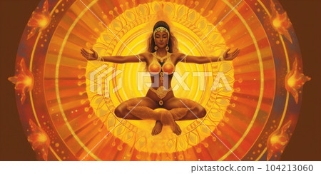 Beautiful flying yoga woman, swadhistana chakra awakening. Yoga of enlightenment. Chakra yoga concept. AI Generative 104213060