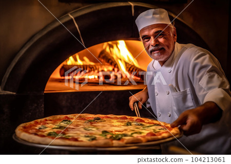 Italian chef is doing really Italian Pizza in the Traditional Firewood Stone Wood Fired Pizza Oven. AI Generative 104213061
