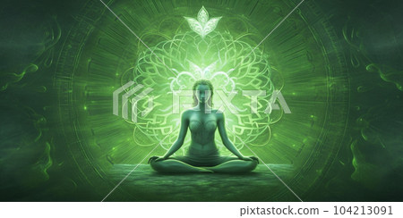 Meditation chakra concept. Meditating young woman. Yoga. Concentration. World Yoga Day. AI Generative 104213091