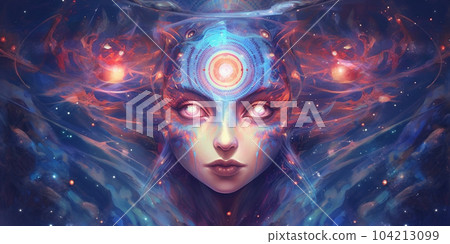 Beautiful mystical dreamer woman in space with galaxi and stars. Meditation and yoga concept. AI Generative. 104213099