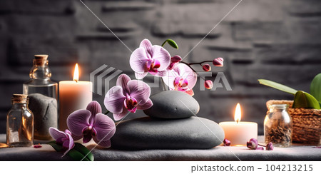 Spa and wellness setting with orchid flower, candles and towel. AI Generative. Spa and wellness setting with orchid flower, candles and towel. AI Generative. 104213215