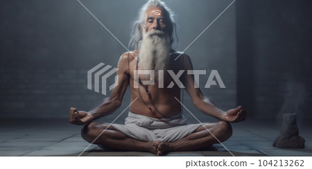 Indian Guru, a man siddha yoga teacher with long hair, sitting in meditation asana. AI Generative 104213262