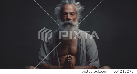 Indian Guru, a man siddha yoga teacher with long hair, sitting in meditation asana. AI Generative 104213273