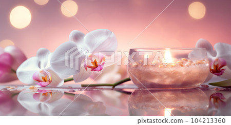 Spa still life background. Candles and orchid flower on the water background. AI Generative 104213360