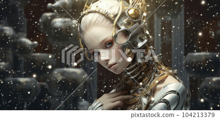 Beautiful female cyber fashion robot on the snow mountains background, banner. Artificial Intelligence. Quantum computer. Tourism in the alps, winter holidays concept. AI Generative. Beautiful female cyber fashion robot on the snow mountains background, banner. Artificial Intelligence. Quantum computer. Tourism in the alps, winter holidays concept. AI Generative. 104213379
