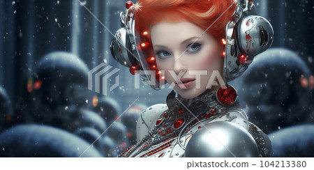 Beautiful female cyber fashion robot on the space background Artificial Intelligence. Quantum computer. Space concept. AI Generative. 104213380