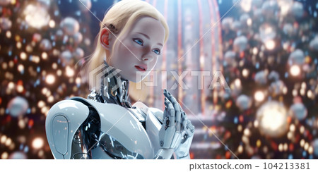Beautiful happy woman model humanoid android cyborg, giving a red box gift on holiday event, christmas background, new years holidays, AI Generated. Beautiful happy woman model humanoid android cyborg, giving a red box gift on holiday event, christmas background, new years holidays, AI Generated. 104213381