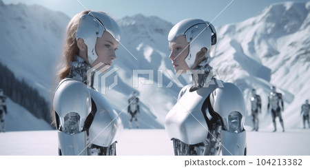 Beautiful female cyber fashion robots on the snow mountains background, banner. Artificial Intelligence. Quantum computer. Tourism in the alps, winter holidays concept. AI Generative. Beautiful female cyber fashion robots on the snow mountains background, banner. Artificial Intelligence. Quantum computer. Tourism in the alps, winter holidays concept. AI Generative. 104213382