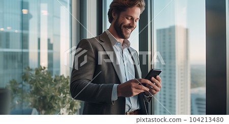 Happy Man project office manager, insta man working on smartphone at day in crystals lights office. Generative AI Happy Man project office manager, insta man working on smartphone at day in crystals lights office. Generative AI 104213480