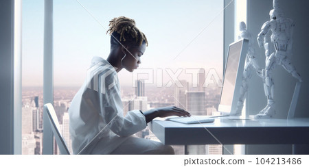 Beautiful fashion model woman work with humanoid android cyborg, insta young woman working on laptop at day in crystals lights office. Generative AI 104213486
