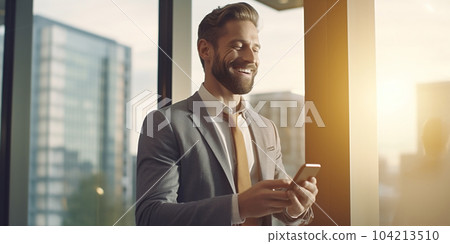 Happy Man project office manager, insta man working on smartphone at day in crystals lights office. Generative AI 104213510