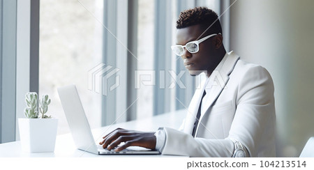 Man project office manager, insta man working on laptop at day in crystals lights office. Generative AI Man project office manager, insta man working on laptop at day in crystals lights office. Generative AI 104213514
