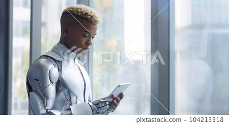 Man model, humanoid android cyborg, insta man working on smartphone at day in crystals lights office. Generative AI Man model, humanoid android cyborg, insta man working on smartphone at day in crystals lights office. Generative AI 104213518