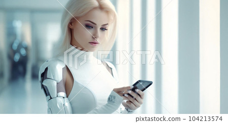 Beautiful humanoid android cyborg, insta womans working on smartphone at day in crystals lights office. Generative AI 104213574