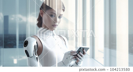 Beautiful humanoid android cyborg, insta womans working on smartphone at day in crystals lights office. Generative AI Beautiful humanoid android cyborg, insta womans working on smartphone at day in crystals lights office. Generative AI 104213580