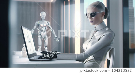 Beautiful humanoid android cyborg, insta womans working on laptop at day in crystals lights office. Generative AI 104213582