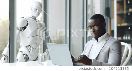 Man work with humanoid android cyborg, insta man working on laptop at day in crystals lights office. Generative AI 104213585