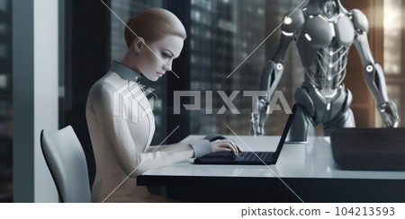 Beautiful humanoid android cyborg, insta womans working on laptop at day in crystals lights office. Generative AI 104213593