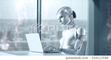 Beautiful humanoid android cyborg, insta womans working on laptop at day in crystals lights office. Generative AI Beautiful humanoid android cyborg, insta womans working on laptop at day in crystals lights office. Generative AI 104213594