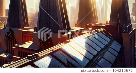 Solar panel plant in the city of the future, ecological energy renewable concept 104213672