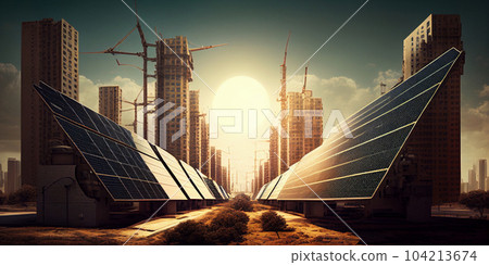 Solar panel plant in the city of the future, ecological energy renewable concept 104213674