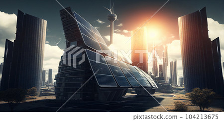 Solar panel plant in the city of the future, ecological energy renewable concept Solar panel plant in the city of the future, ecological energy renewable concept 104213675