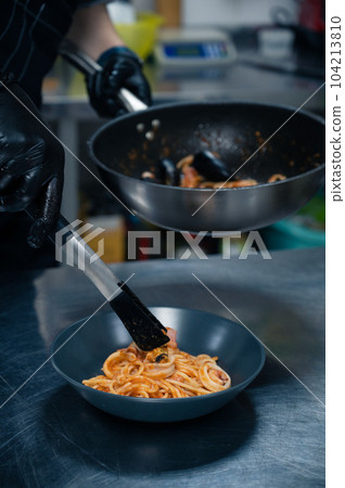 Chef Seafood Pasta with mussels with basil and tomato Chef Seafood Pasta with mussels with basil and tomato 104213810