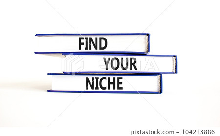 Find your niche symbol. Concept words Find your niche on books. Beautiful white table white background. Business and find your niche concept. Copy space. 104213886