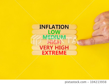 High inflation symbol. Concept word Inflation low medium high very high extreme on wooden sticks. Businessman hand. Beautiful yellow background. Business time to high inflation concept. Copy space High inflation symbol. Concept word Inflation low medium high very high extreme on wooden sticks. Businessman hand. Beautiful yellow background. Business time to high inflation concept. Copy space 104213938
