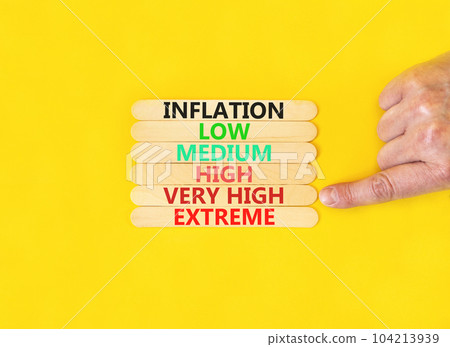 Very High inflation symbol. Concept word Inflation low medium high very high extreme on wooden sticks. Businessman hand. Beautiful yellow background. Business very high inflation concept. Copy space Very High inflation symbol. Concept word Inflation low medium high very high extreme on wooden sticks. Businessman hand. Beautiful yellow background. Business very high inflation concept. Copy space 104213939