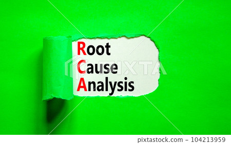 RCA root cause analysis symbol. Concept words RCA root cause analysis on beautiful white paper. Beautiful green table green background. Business and RCA root cause analysis concept. Copy space. RCA root cause analysis symbol. Concept words RCA root cause analysis on beautiful white paper. Beautiful green table green background. Business and RCA root cause analysis concept. Copy space. 104213959