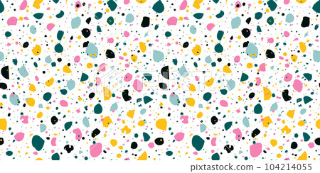 Abstract horizontal background with terrazzo seamless pattern. Random colorful small pieces on white backdrop. Hand drawn trendy vector illustrations. Creative funny collage 104214055