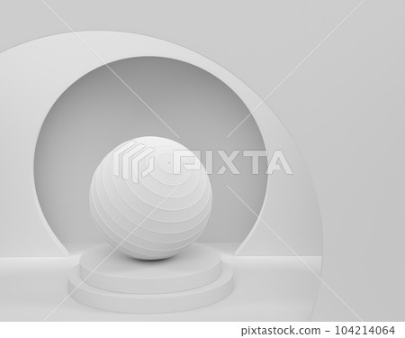 Fitball or fitness ball on cylinder podium with steps on monochrome background. 3d render of display product like sport accessories for team playing Fitball or fitness ball on cylinder podium with steps on monochrome background. 3d render of display product like sport accessories for team playing 104214064