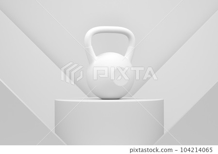 Kettlebell with metal disks on cylinder podium with steps on monochrome background. 3d render of display product like sport accessories for team playing 104214065