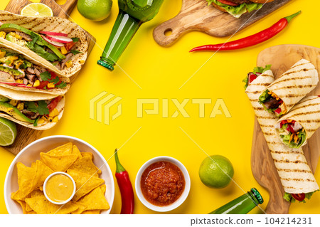 Mexican food featuring tacos, burritos, nachos, burgers 104214231