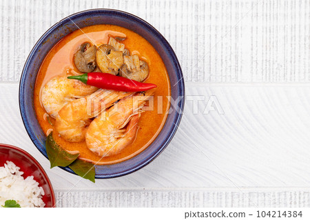 Thai Tom Yum Soup and bowl of rice Thai Tom Yum Soup and bowl of rice 104214384