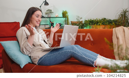 Amazed young woman use laptop computer, receive good news message, shocked by victory, celebrate win Amazed young woman use laptop computer, receive good news message, shocked by victory, celebrate win 104214825
