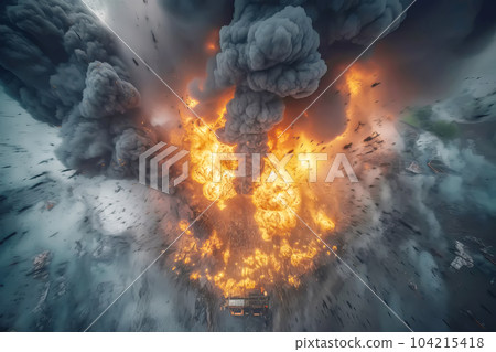 Aerial view of Cargo ship explosion with fire and smoke. Generative AI illustration Aerial view of Cargo ship explosion with fire and smoke. Generative AI illustration 104215418