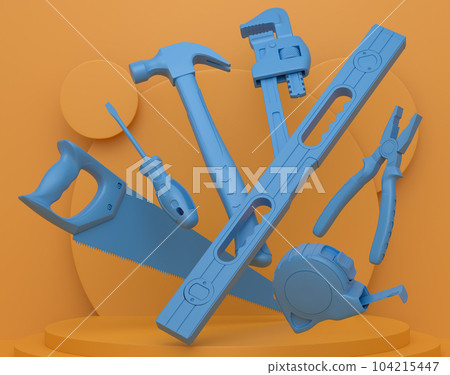 Abstract scene or podium with carpenters tools on monochrome background Abstract scene or podium with carpenters tools on monochrome background 104215447