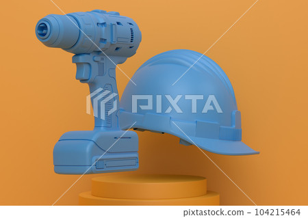 Abstract scene or podium with electric drill and helmet on monochrome background Abstract scene or podium with electric drill and helmet on monochrome background 104215464