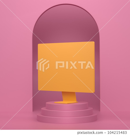 Abstract scene or podium with desktop computer with keyboard on monochrome Abstract scene or podium with desktop computer with keyboard on monochrome 104215483
