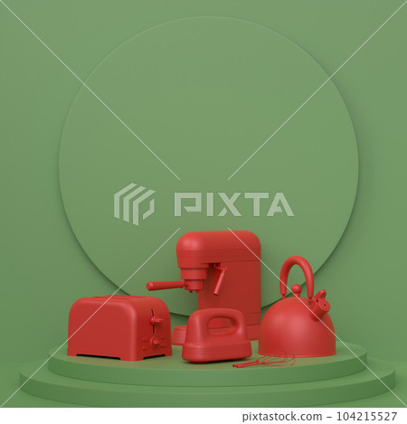 Abstract scene or podium with kitchen appliances and utensils on monochrome. Abstract scene or podium with kitchen appliances and utensils on monochrome. 104215527
