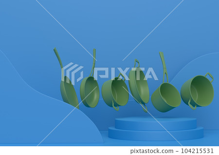 Abstract scene or podium with stewpot and frying pans on monochrome. Abstract scene or podium with stewpot and frying pans on monochrome. 104215531