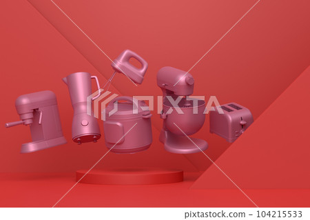 Abstract scene or podium with kitchen appliances and utensils on monochrome. Abstract scene or podium with kitchen appliances and utensils on monochrome. 104215533