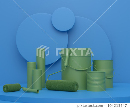 Abstract scene with safety helmet, bucket with paint rollers on monochrome Abstract scene with safety helmet, bucket with paint rollers on monochrome 104215547