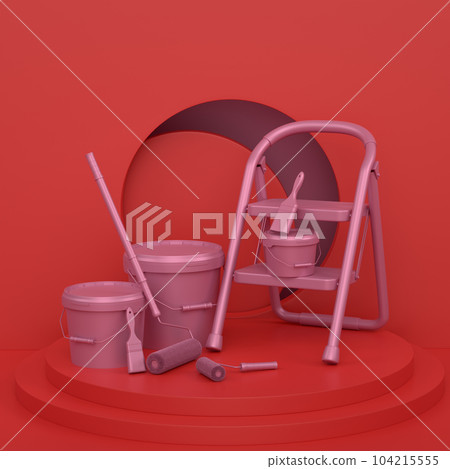 Abstract scene with folding ladder, bucket and paint roller on monochrome Abstract scene with folding ladder, bucket and paint roller on monochrome 104215555