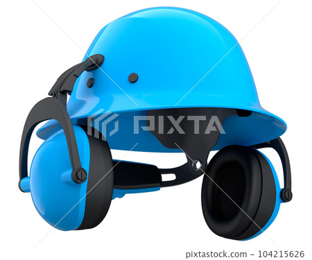 Blue safety helmet or hard cap and earphones muffs on wihte background 104215626